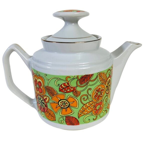 Retro 70s MCM Tea Pot Orange Flower Child Mod Groovy Motif Daisy Kitchen Decor - Picture 1 of 13